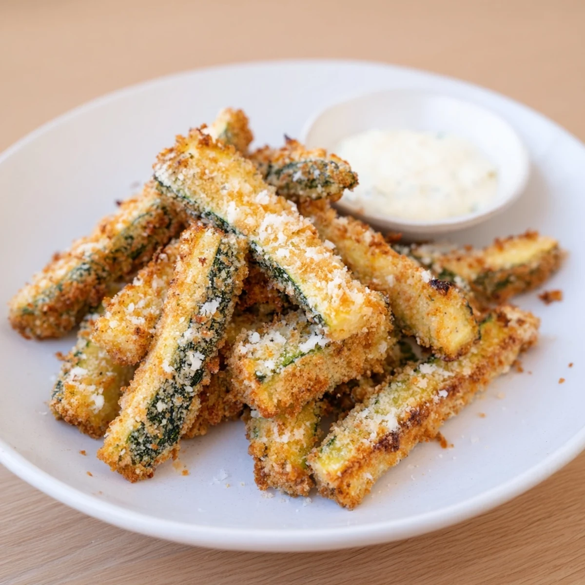 Golden, crispy Parmesan zucchini fries served with a vibrant, creamy dipping sauce, ready to enjoy.