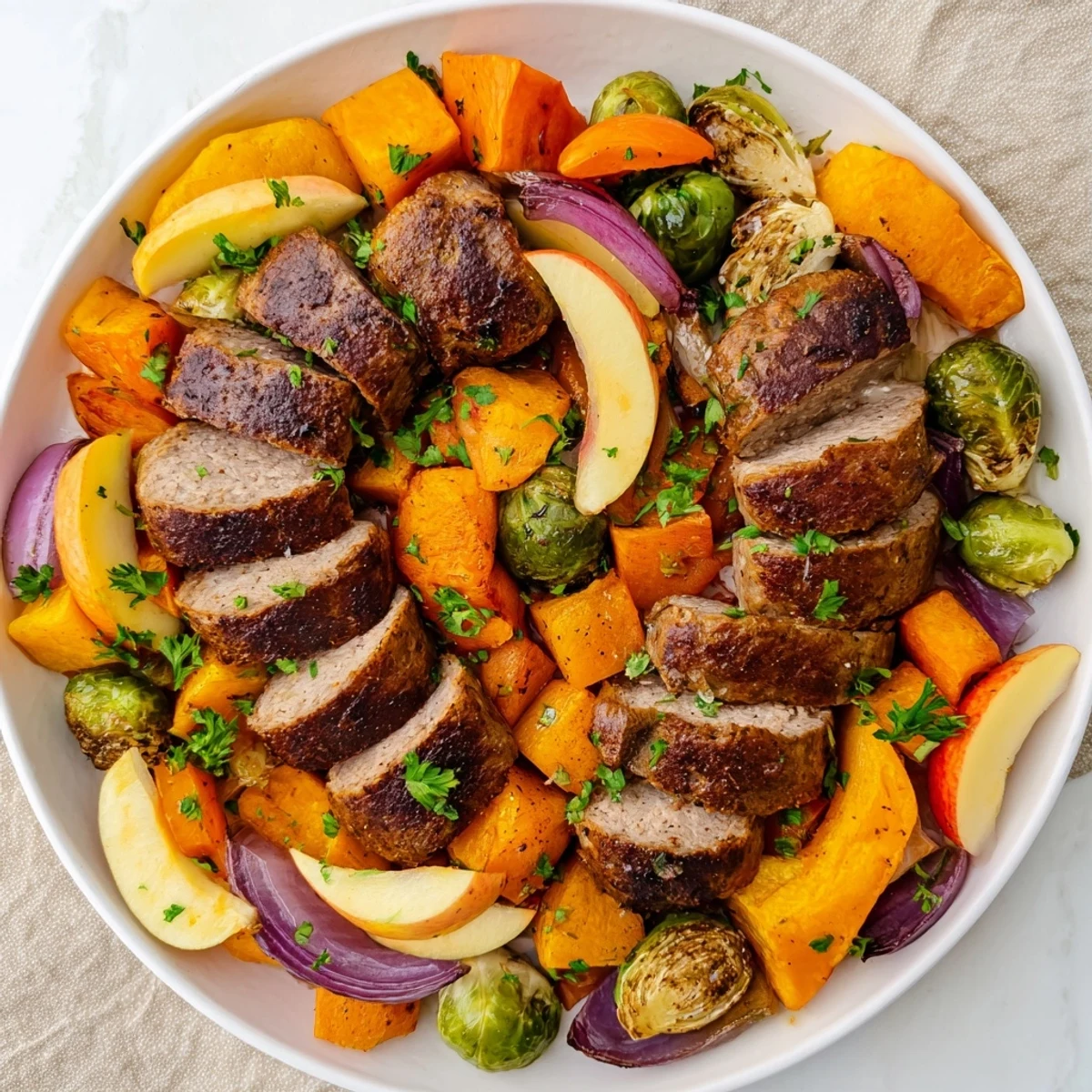 Hearty Sheet Pan Sausage and Autumn Veggie Medley, a colorful and delicious one-pan dinner idea.