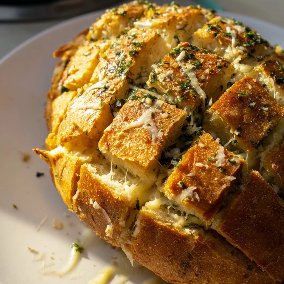 Perfectly baked Cheesy Garlic Pull-Apart Bread, a delightful appetizer with herbs and a crusty exterior.