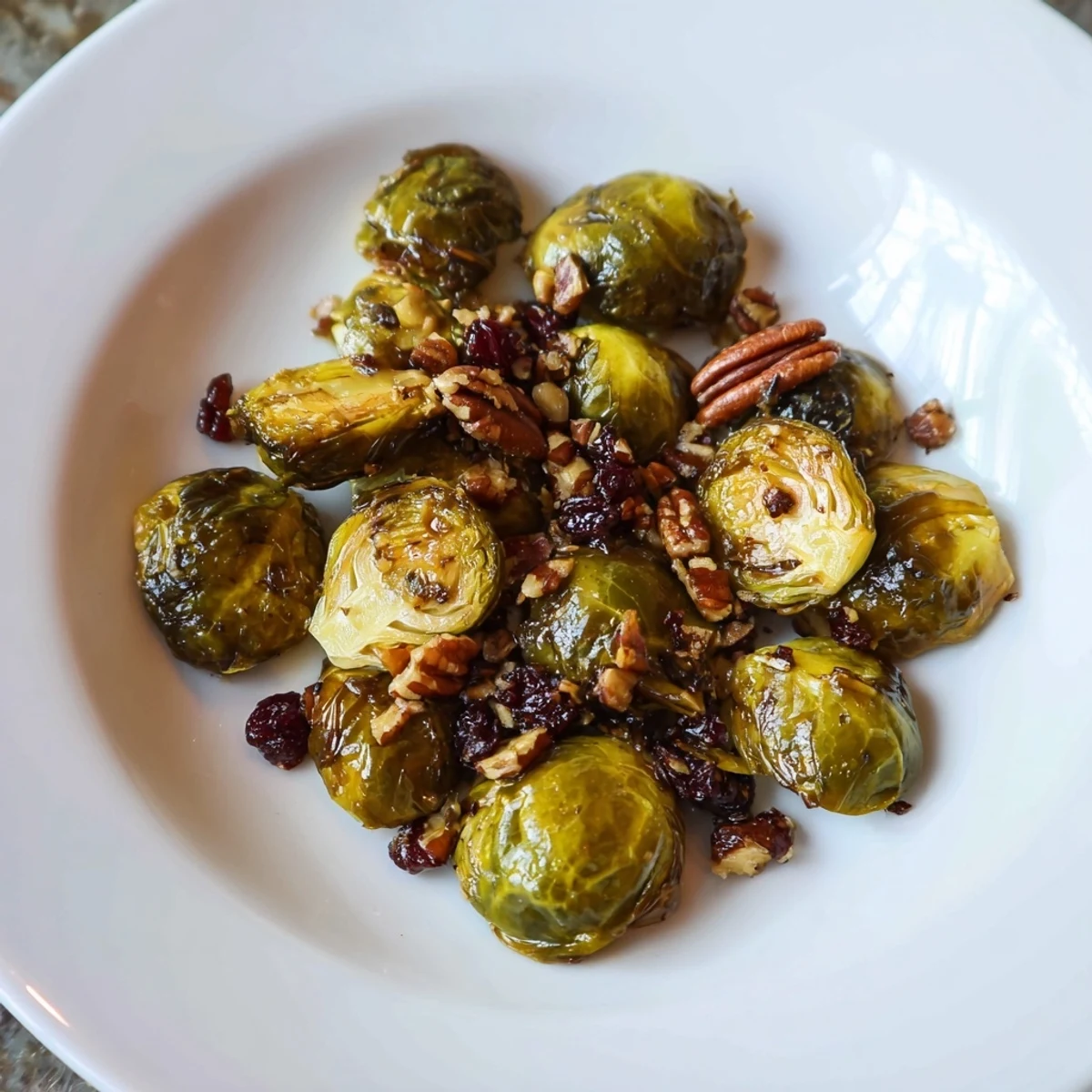 Crispy Winter Roasted Brussels Sprouts, glistening with sweet balsamic glaze, ready to serve this winter.