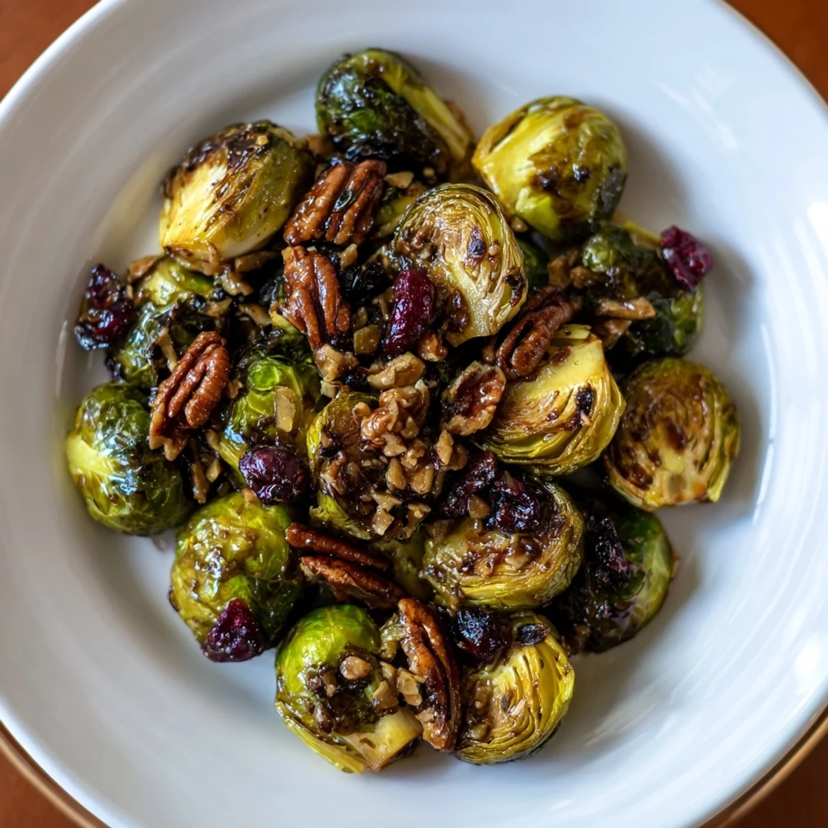 Golden-brown Winter Roasted Brussels Sprouts, caramelized with maple syrup, offering a delicious side dish.