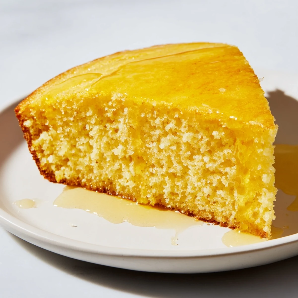 Freshly baked quick skillet cornbread, golden-brown and drizzled with sweet, flavorful honey butter.