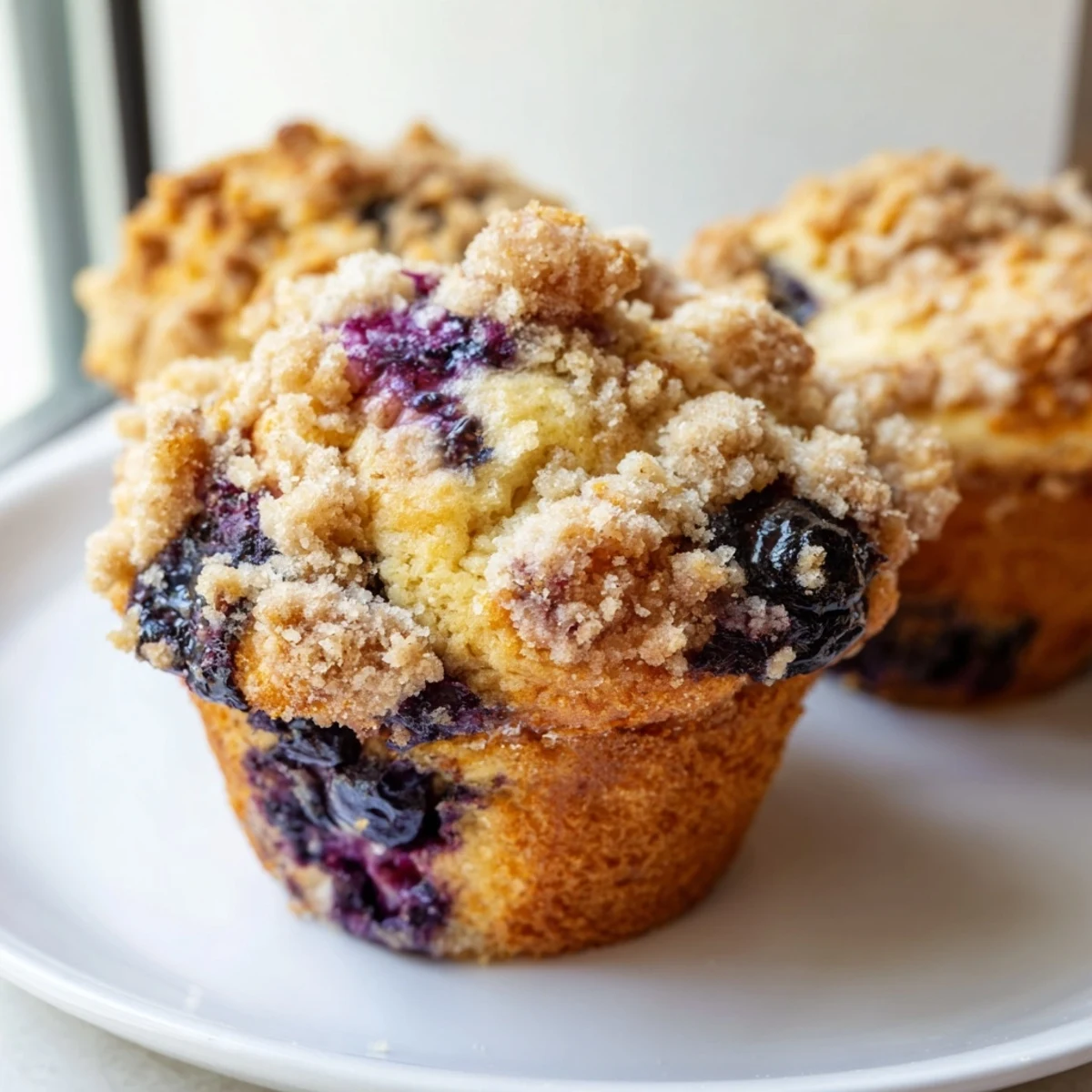 Close-up shot shows the juicy blueberries baked inside these perfect homemade muffins with streusel.
