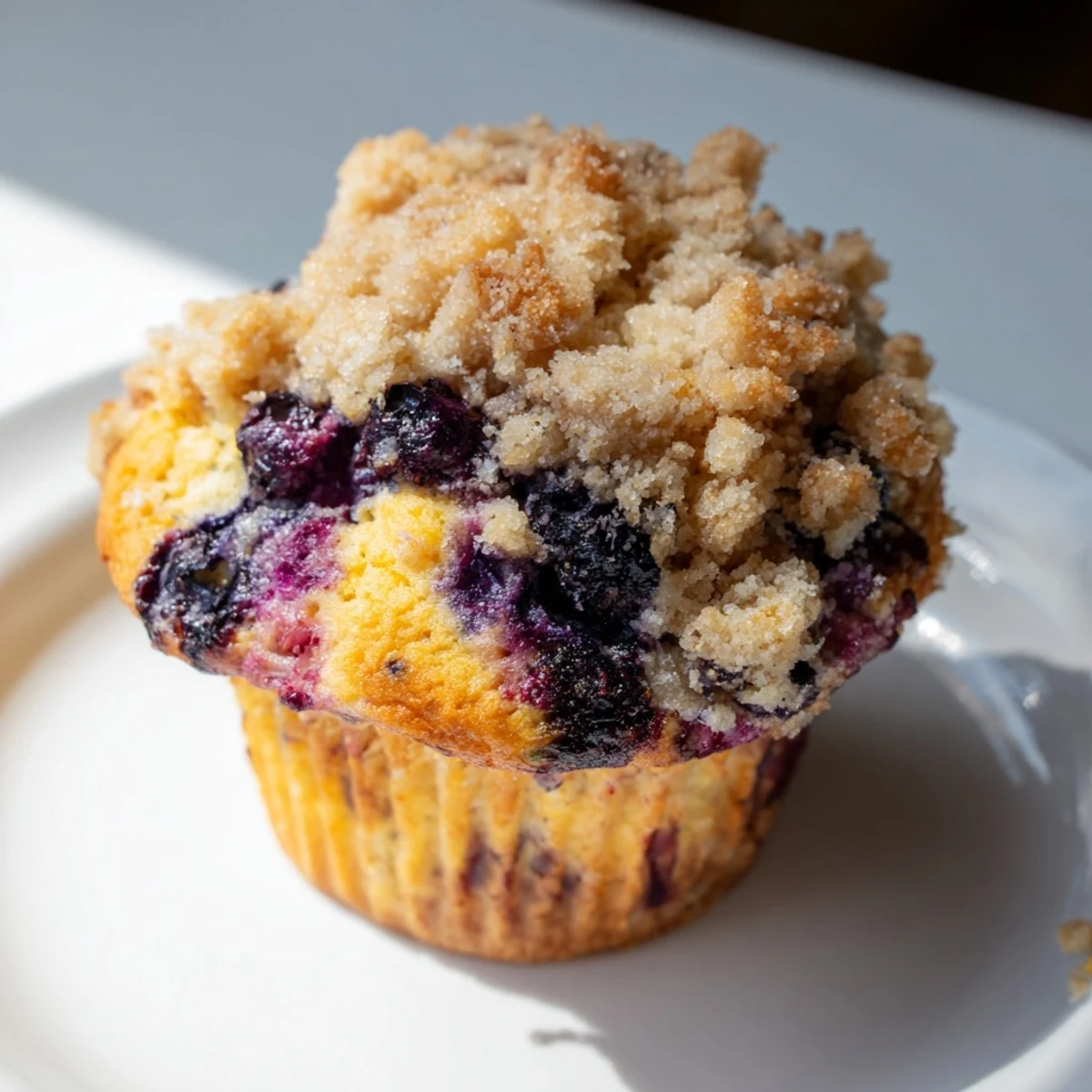 Freshly baked, beautifully domed blueberry muffins with crunchy streusel topping, perfect for breakfast.