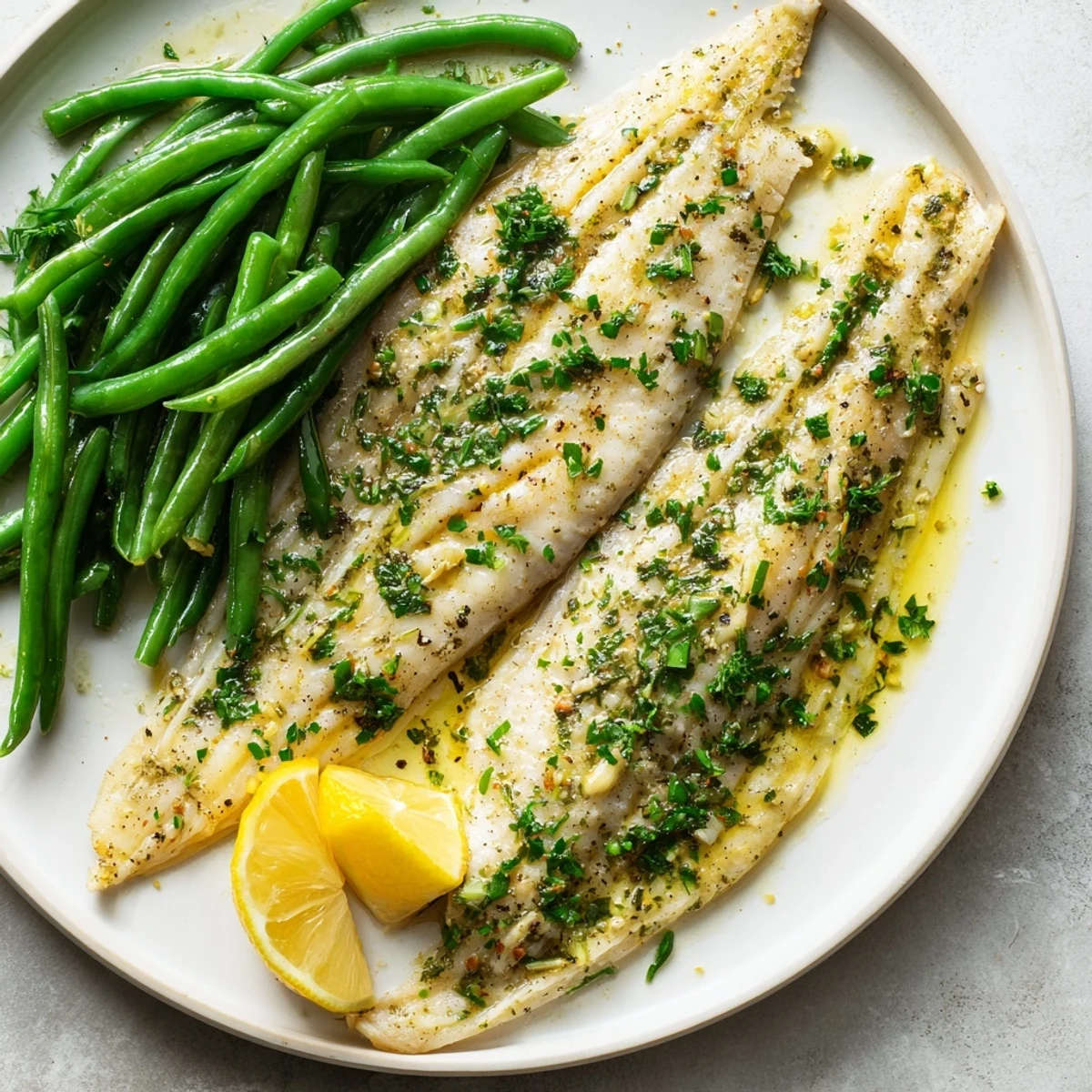 A close-up of sheet pan lemon herb tilapia: savory fillets and crisp green beans with lemon wedges.