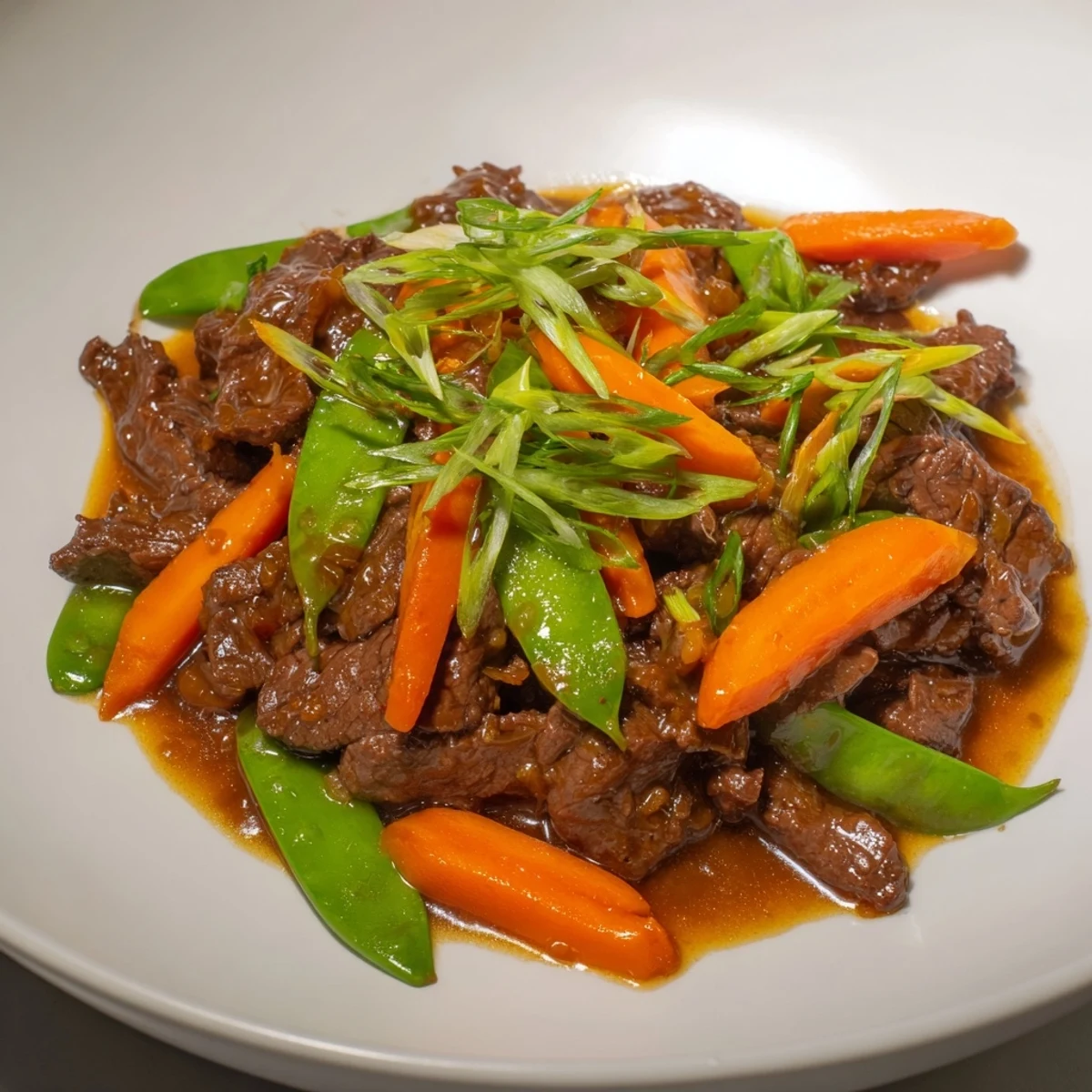 Skillet Beef Stir-Fry showcases tender beef strips with colorful snap peas and carrots in savory sauce.