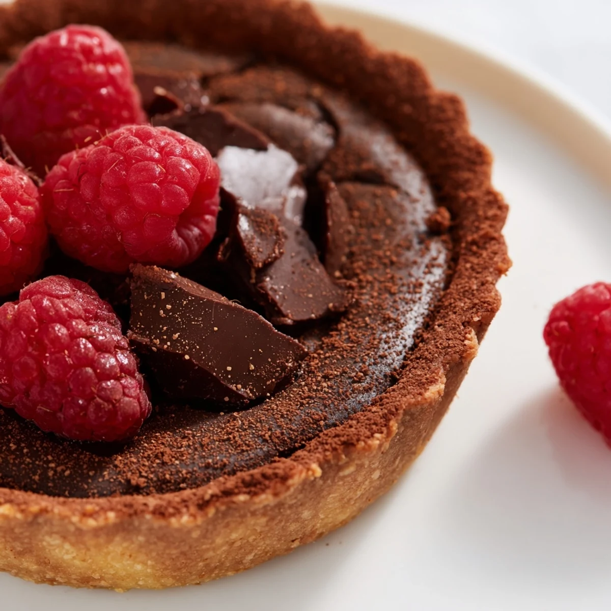 A slice of decadent dark chocolate brownie tart with a dusting of cocoa powder, ready to enjoy.