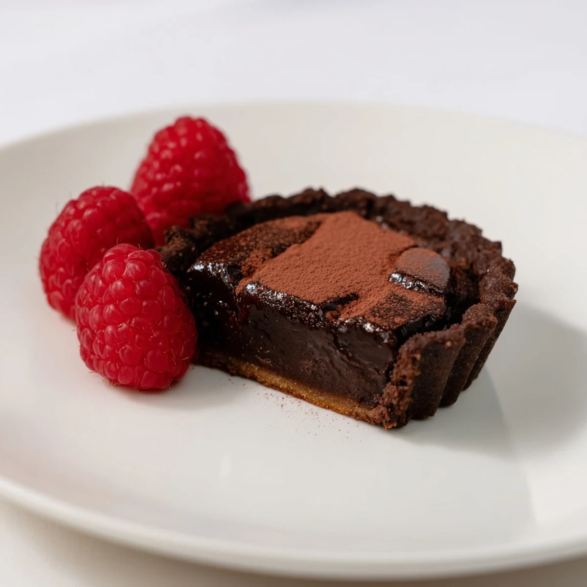 Crisp tart shell overflowing with a rich and fudgy dark chocolate brownie, ready to eat.