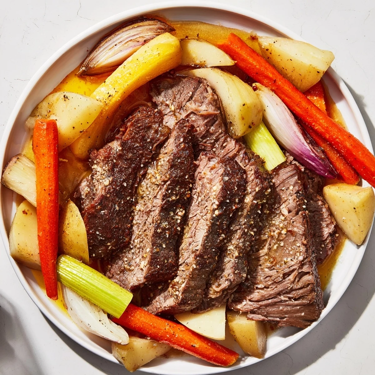 Tender Slow-Roasted Beef Pot Roast with vibrant root veggies, perfect for a cozy, comforting meal.