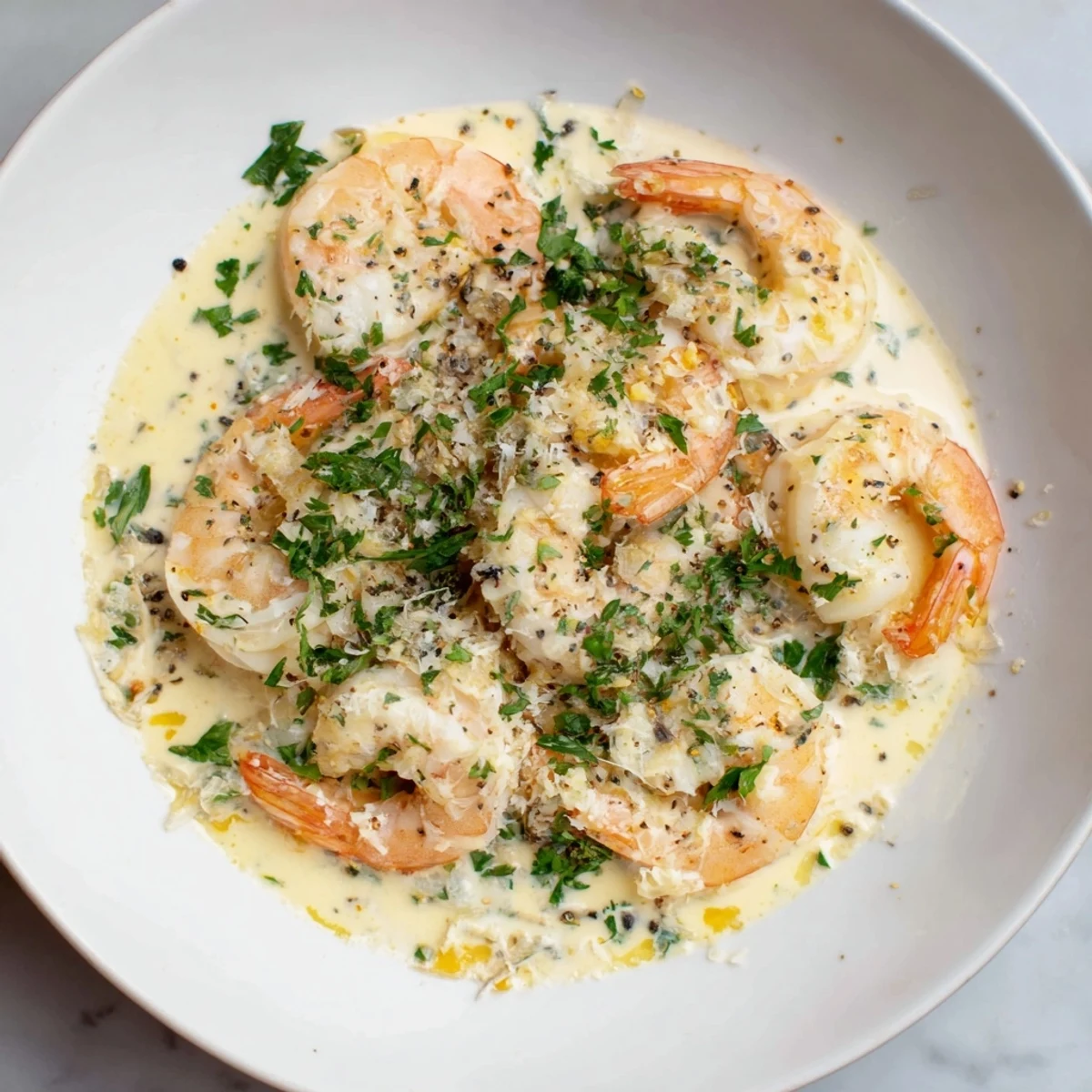 Golden, creamy Ultimate 20-Minute Creamy Garlic Shrimp, served hot, ready for dipping with bread.