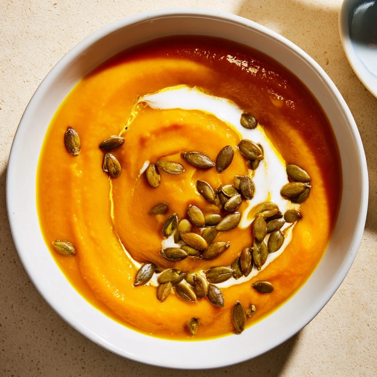 Creamy Roasted Pumpkin Soup garnished with golden toasted seeds, ready to warm you up.