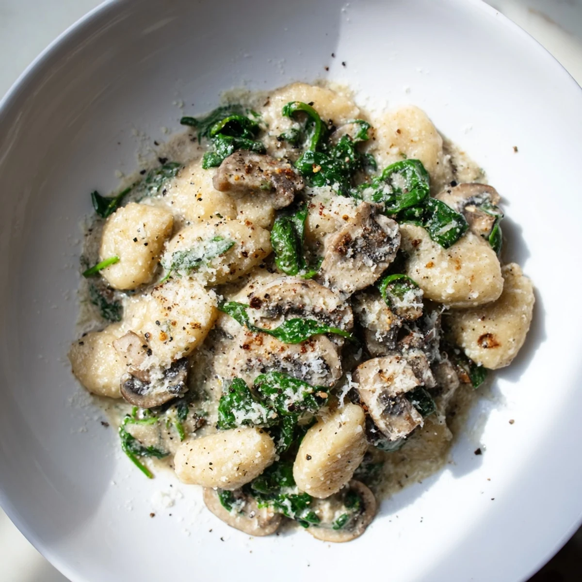 Tender One-Dish Creamy Mushroom and Spinach Gnocchi, a comforting Italian meal brimming with flavor.