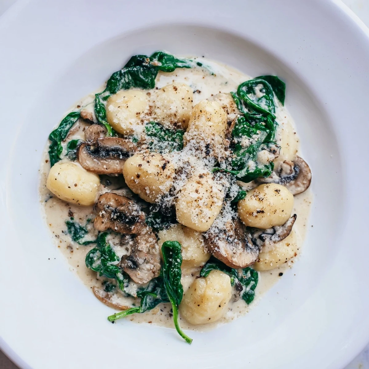 This easy, one-pan One-Dish Creamy Mushroom and Spinach Gnocchi features creamy sauce and tasty mushrooms.