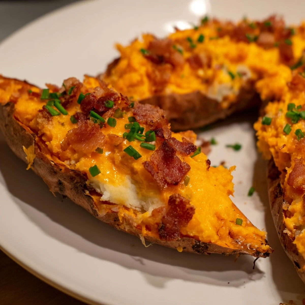 Golden, bubbly Loaded Sweet Potato Skins with crispy bacon and vibrant chives, a flavorful appetizer.