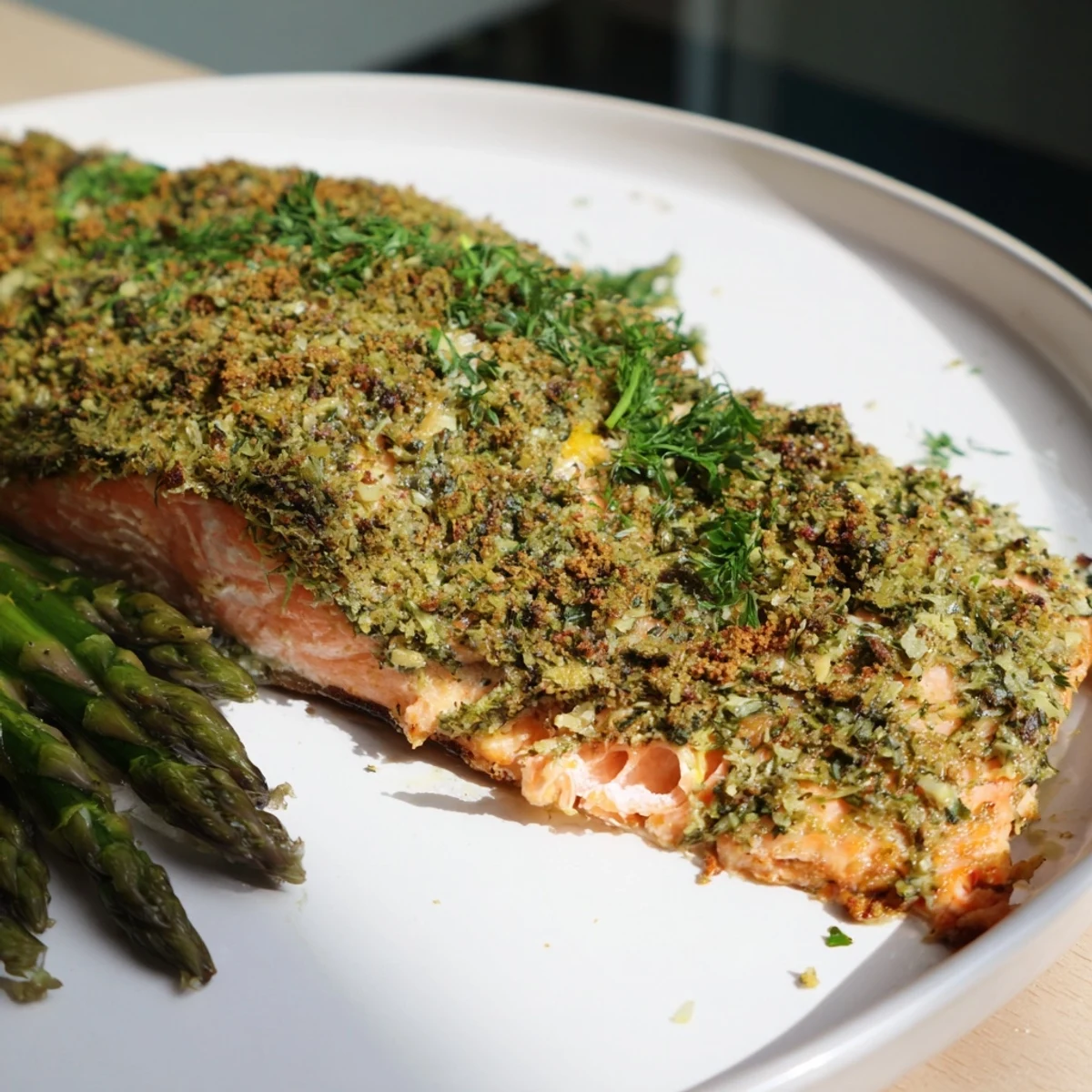 Easy Herb-Crusted Salmon with Asparagus, a flaky, oven-baked masterpiece, beside tender green asparagus.