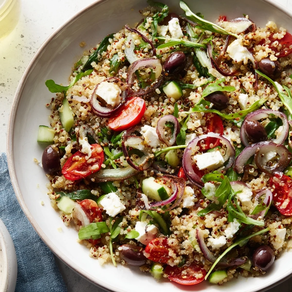 A colorful Mediterranean grain bowl, served with roasted chickpeas, feta, and fresh herbs.