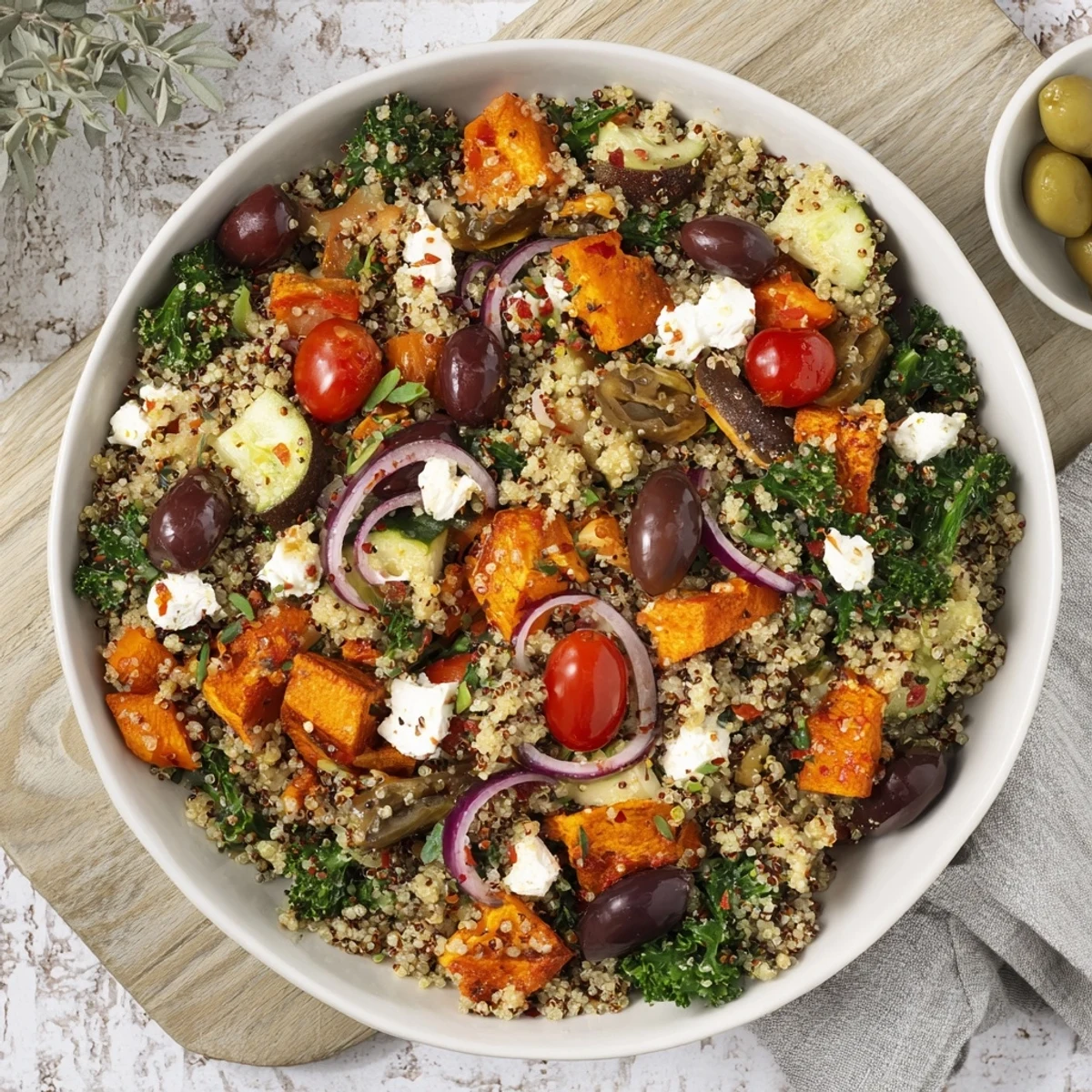 Vibrant image of a Mediterranean grain bowl, with the roasted chickpeas beautifully browned.