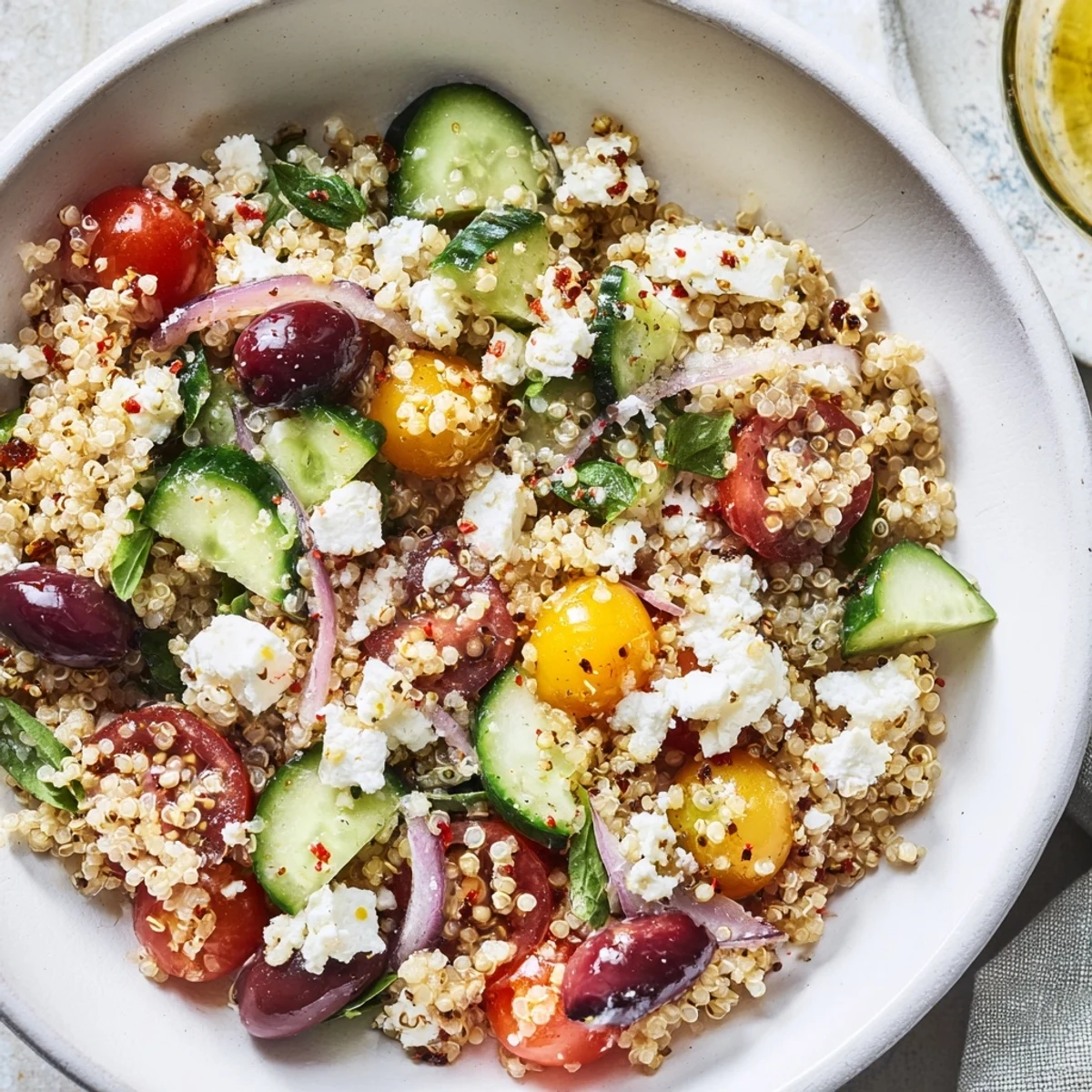 Enjoy a healthy Mediterranean grain bowl, featuring fluffy grains topped with crumbled feta.