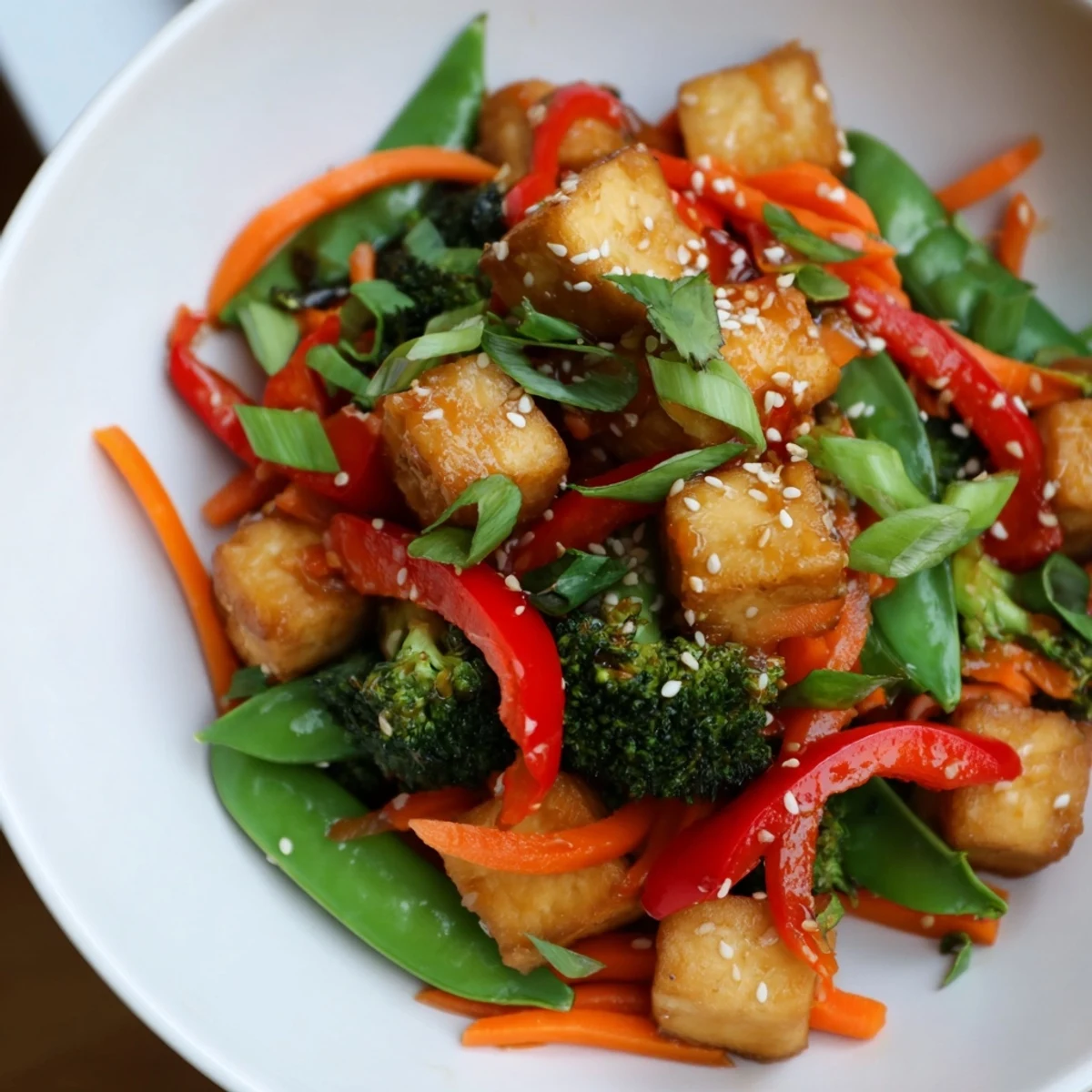 Vibrant Sesame Ginger Tofu Stir-Fry ready to eat, boasting fresh ingredients and savory sauce.