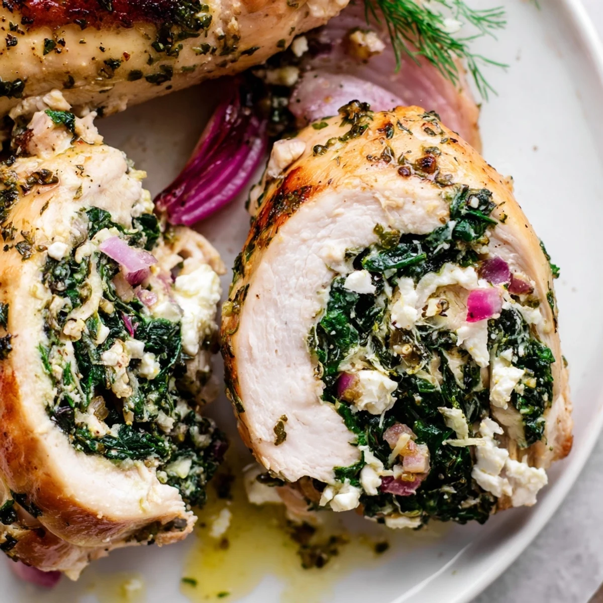 Golden-brown Spinach Feta Stuffed Chicken rolls sit ready to be served, a delicious Greek-inspired meal.