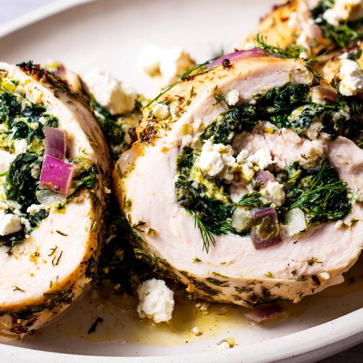 A close-up reveals Spinach Feta Stuffed Chicken, showcasing the savory filling spilling out from the rolled chicken.