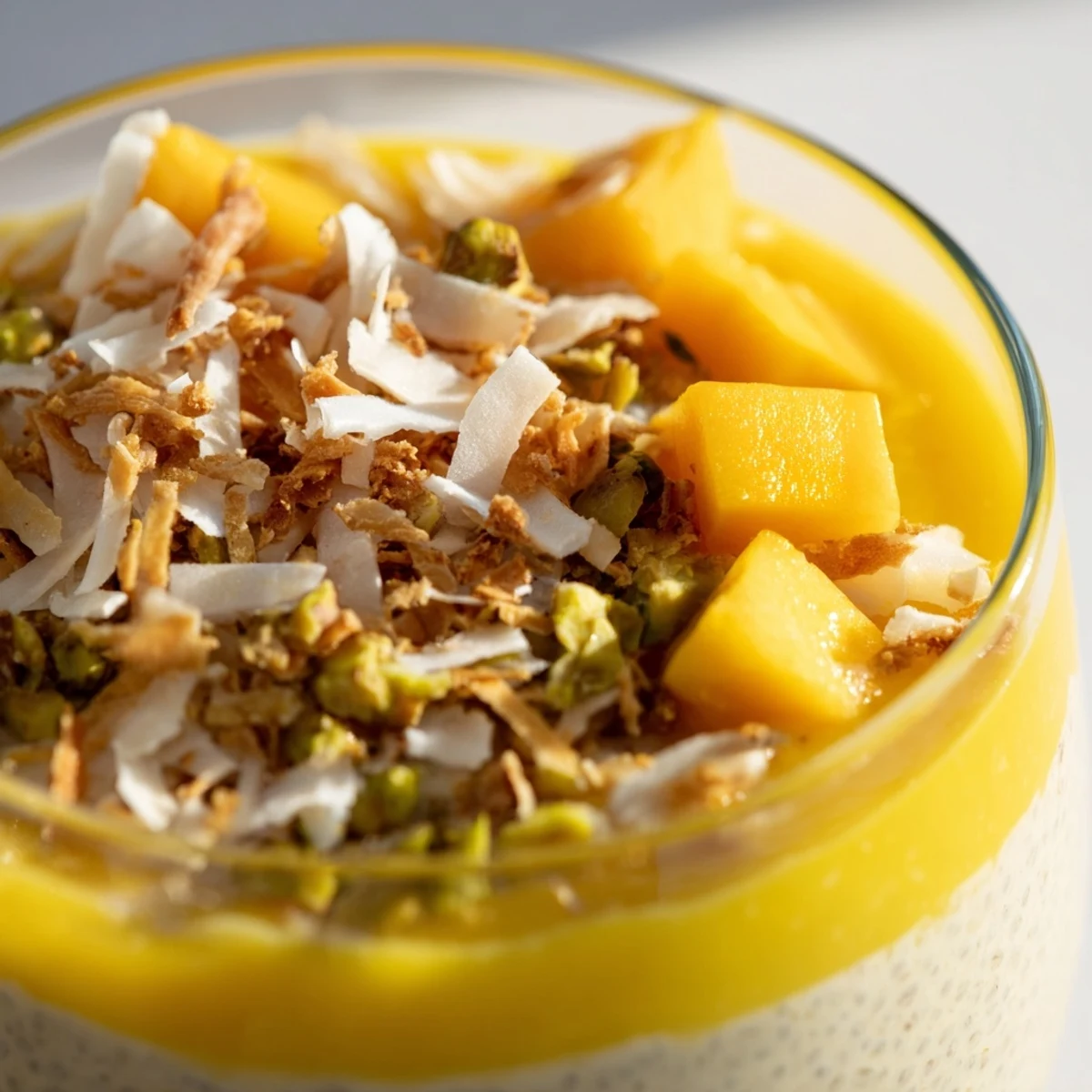 Creamy Mango Coconut Chia Pudding layered in a glass, ready for a delicious breakfast.