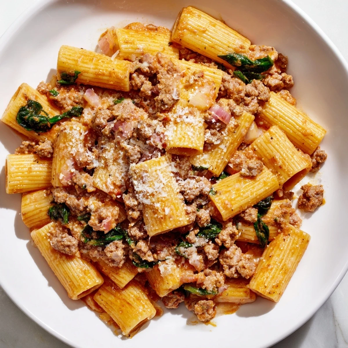 A steaming bowl of One-Pot Italian Sausage Tomato Pasta with Parmesan cheese, Italian herbs and vibrant tomatoes.