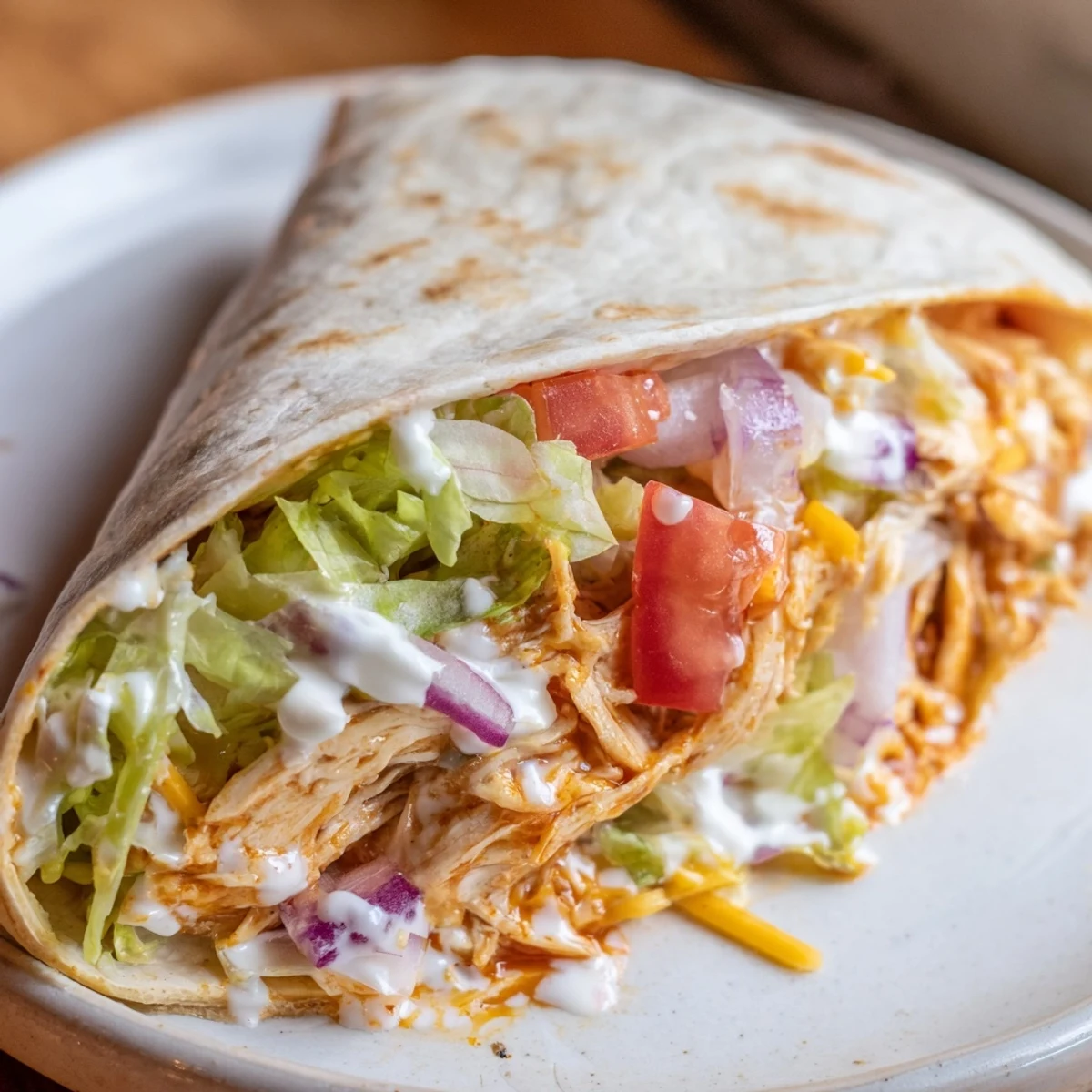 Golden-brown Buffalo Chicken Wrap, filled with savory chicken and fresh veggies, ready to eat.