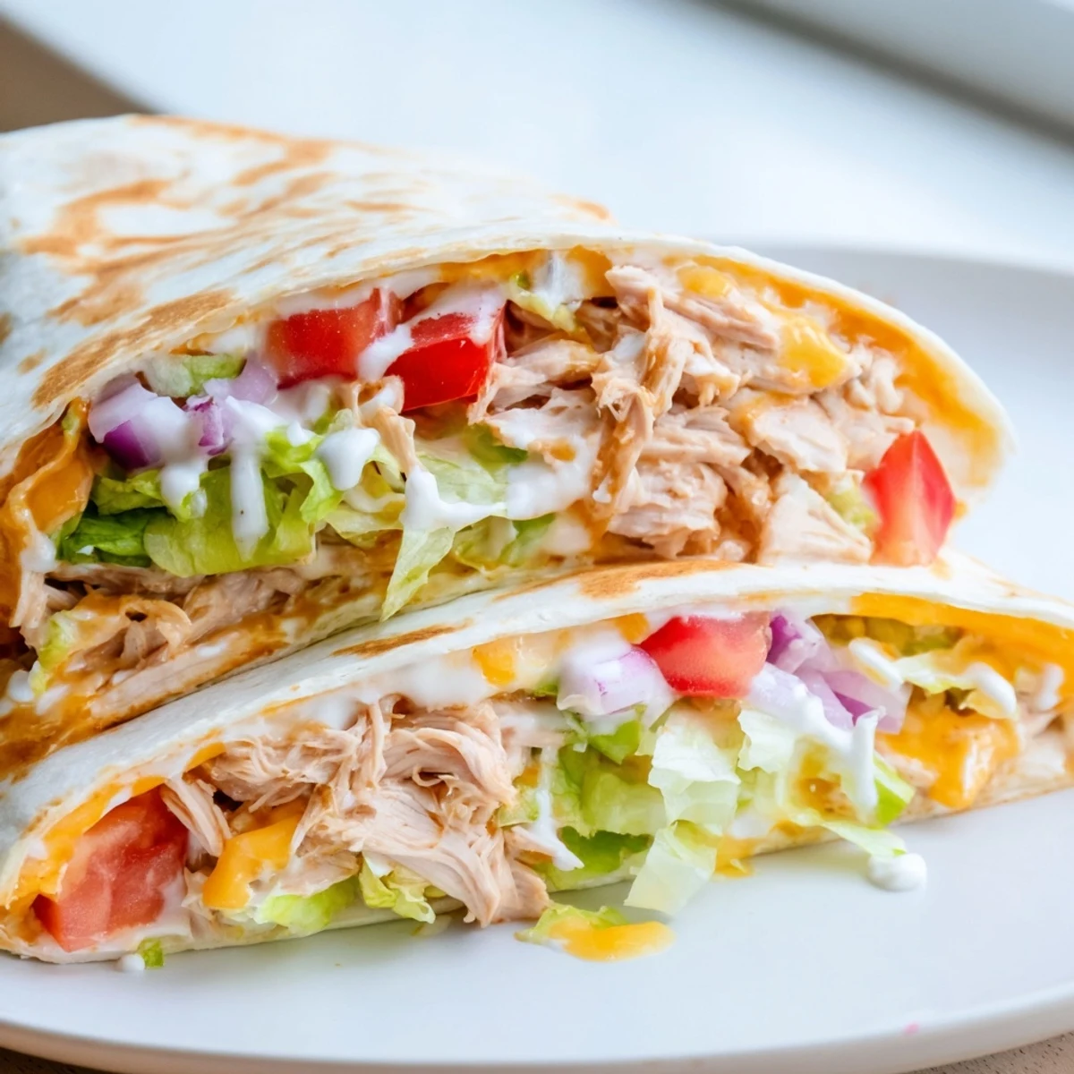 A folded Buffalo Chicken Wrap, showcasing layers of creamy cheese, spicy chicken, and crisp vegetables.