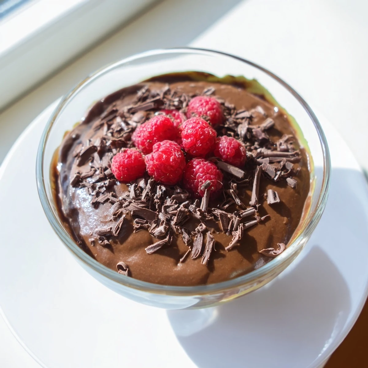Creamy Avocado Chocolate Pudding, topped with fresh berries, a decadent vegan dessert.