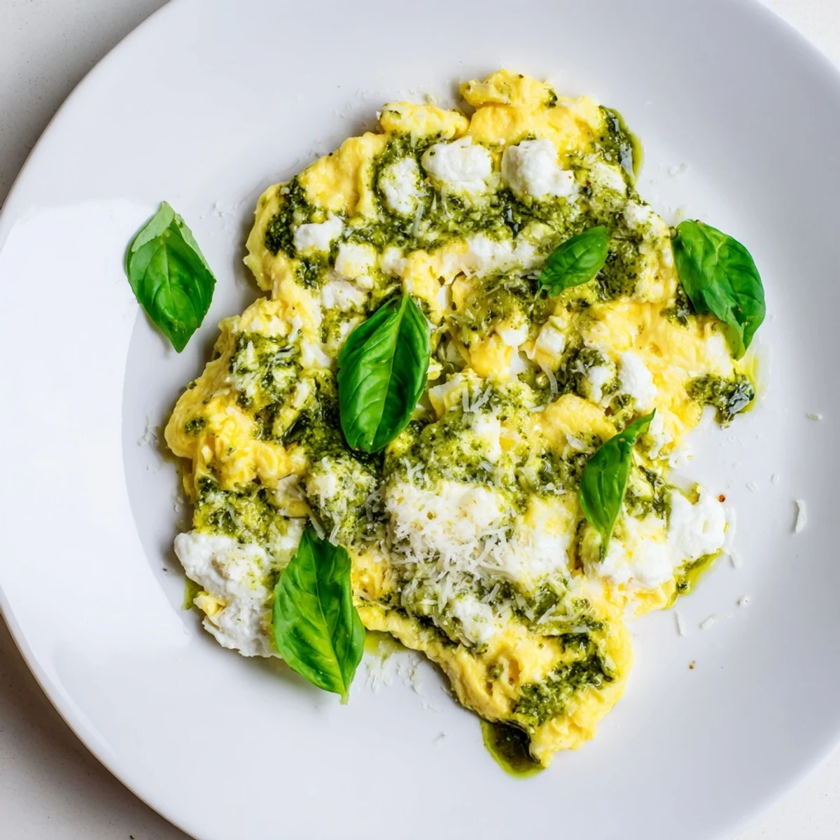 Creamy Pesto Cottage Cheese Eggs, a vibrant breakfast, is beautifully presented with fresh basil and Parmesan.