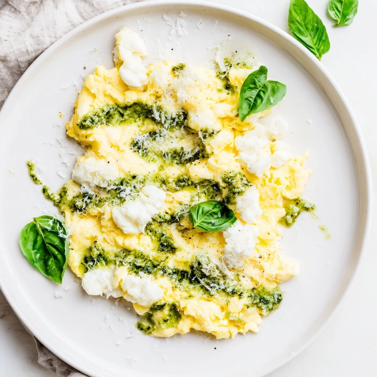 Delectable Pesto Cottage Cheese Eggs, gently scrambled and creamy, are enhanced by fragrant basil pesto and cottage cheese.
