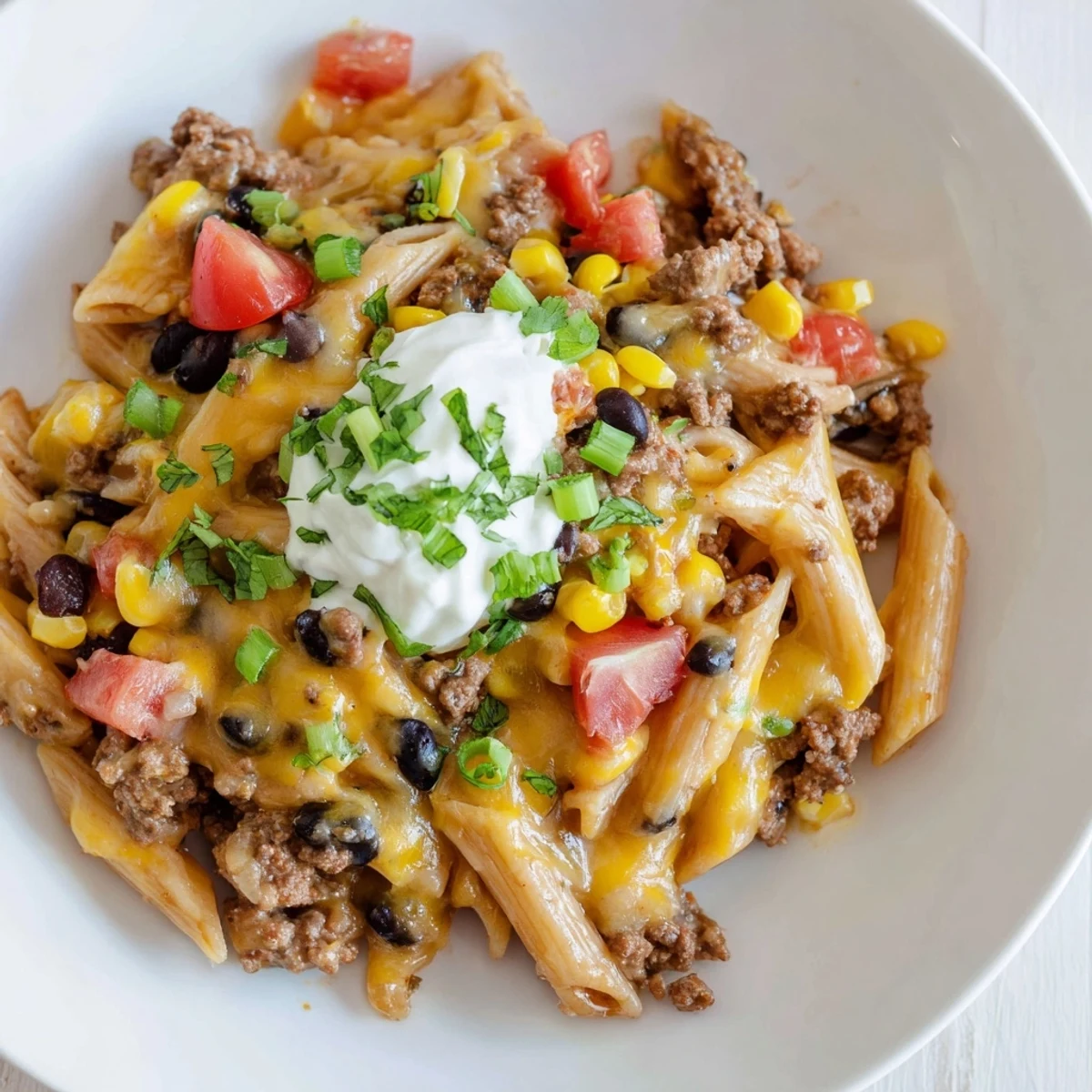 A close-up of cheesy taco pasta, showing the creamy texture and colorful mix of ingredients.