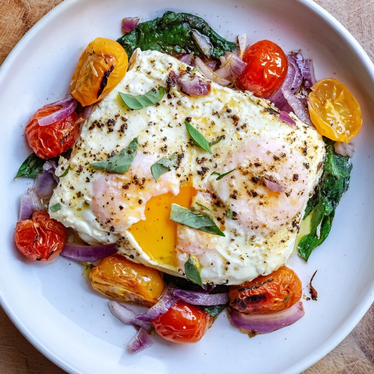 Creamy baked feta eggs with runny yolks, a delicious vegetarian breakfast served with crusty bread.