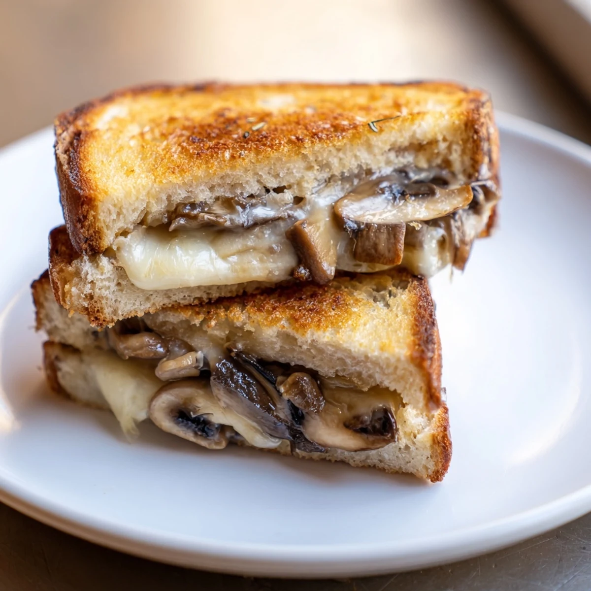 Sizzling creamy mushroom grilled cheese, served hot, showcasing perfectly melted cheese and toasted bread.