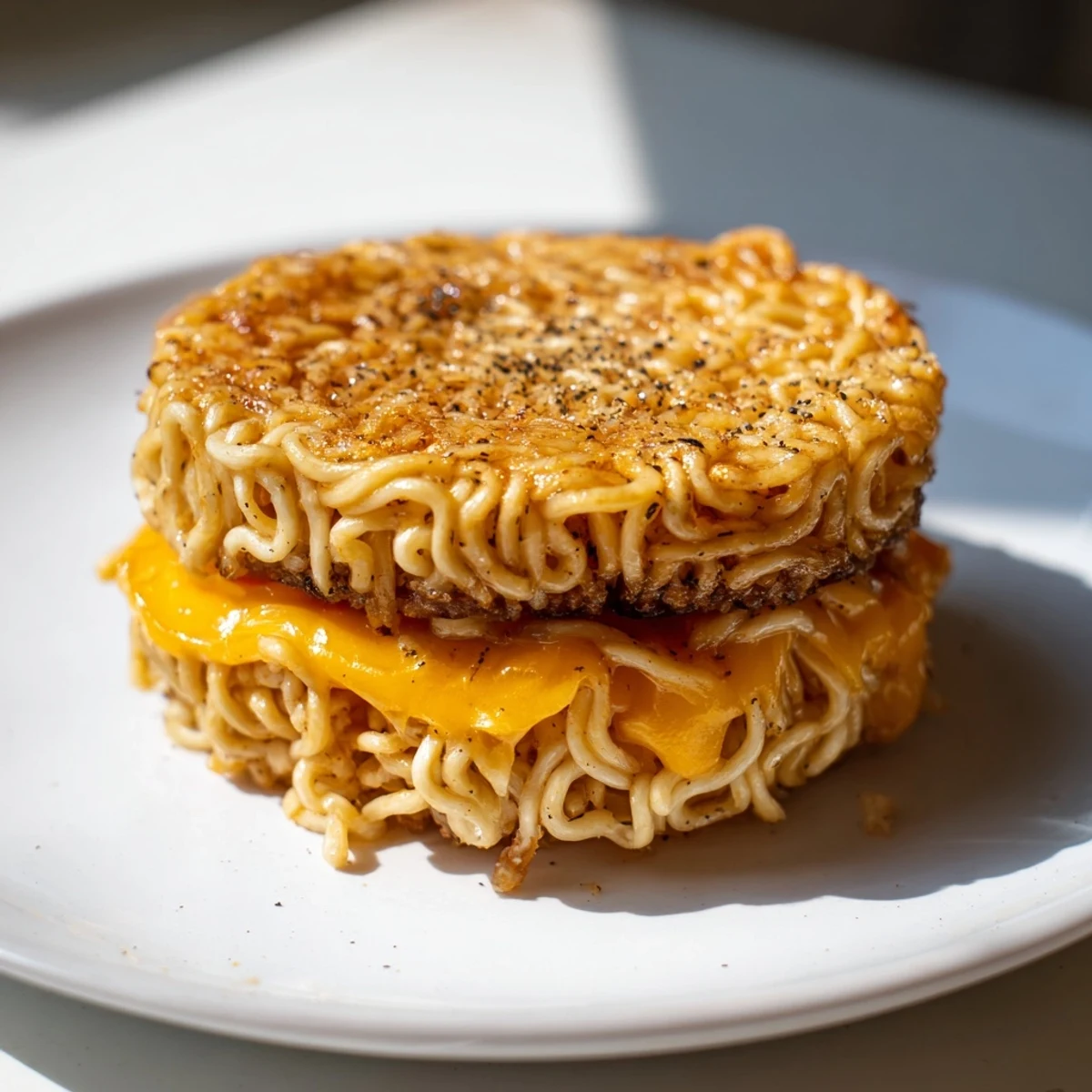 Golden-brown ramen noodle buns hug melted cheese in this gooey Ramen Grilled Cheese.