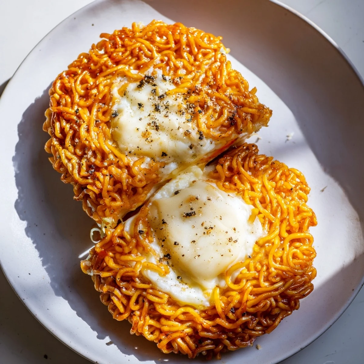 Mouthwatering image of a perfectly cooked Ramen Grilled Cheese, ready to be sliced and enjoyed.