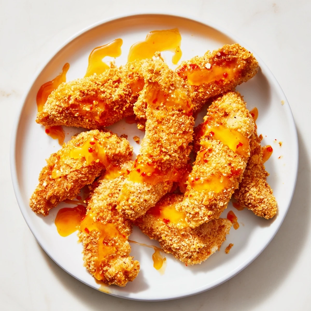 Golden-brown crispy panko chicken tenders drizzled in spicy hot honey, ready to enjoy with a tangy sauce.