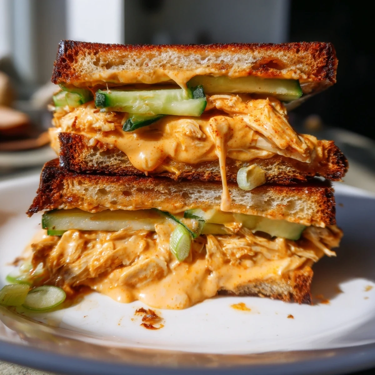 Golden, crispy Gochujang Mayo Chicken Sandwich grilled cheese with melted cheese and spicy chicken filling.