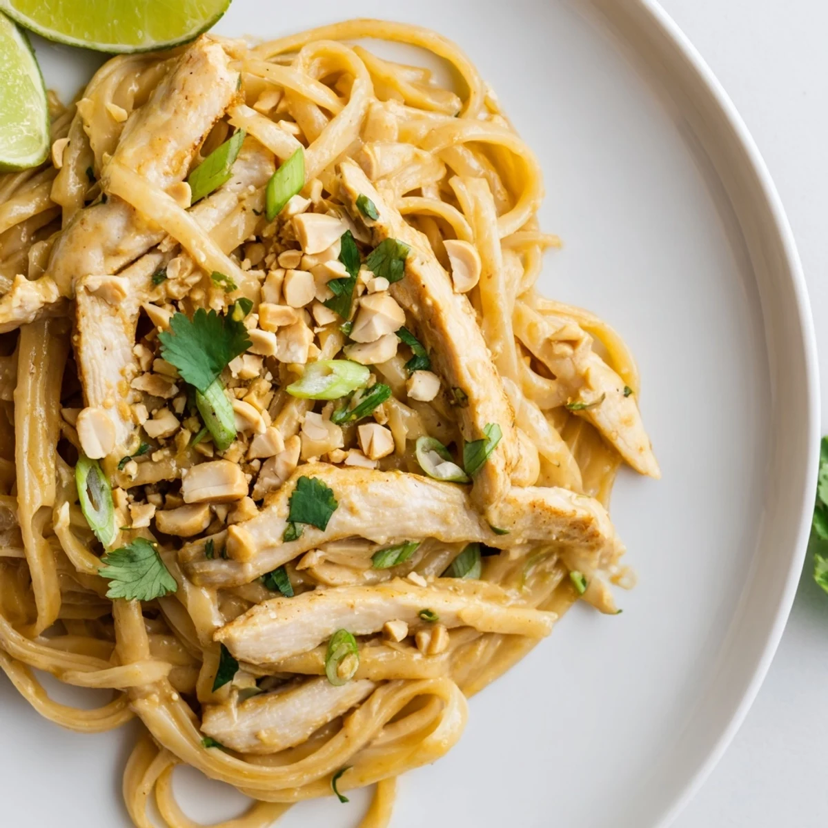 Tender Thai Peanut Chicken Pasta, tossed with fresh herbs, ready for a flavorful bite.