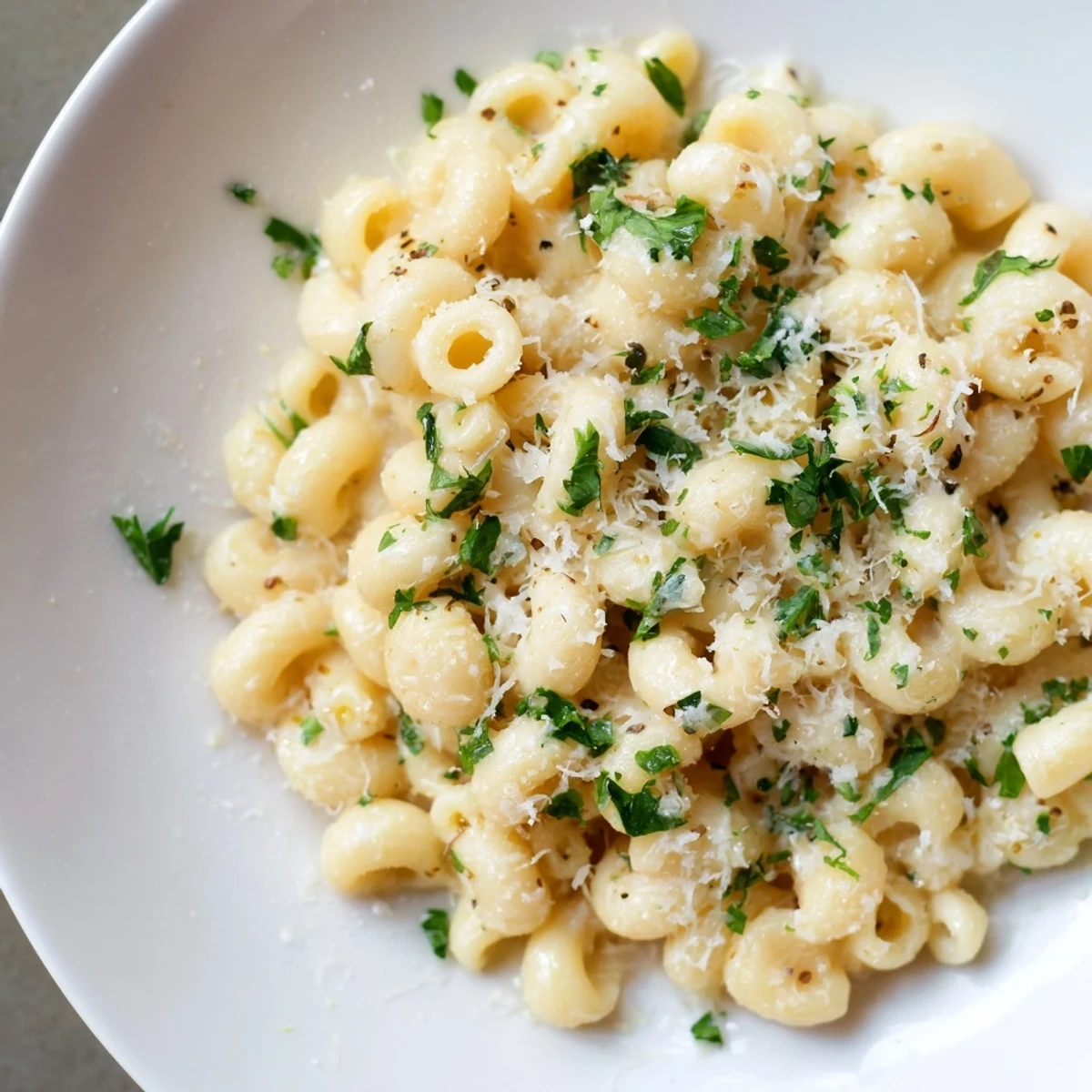 Creamy ditalini pasta glistening, coated in garlic sauce with fresh parsley sprinkled on top.