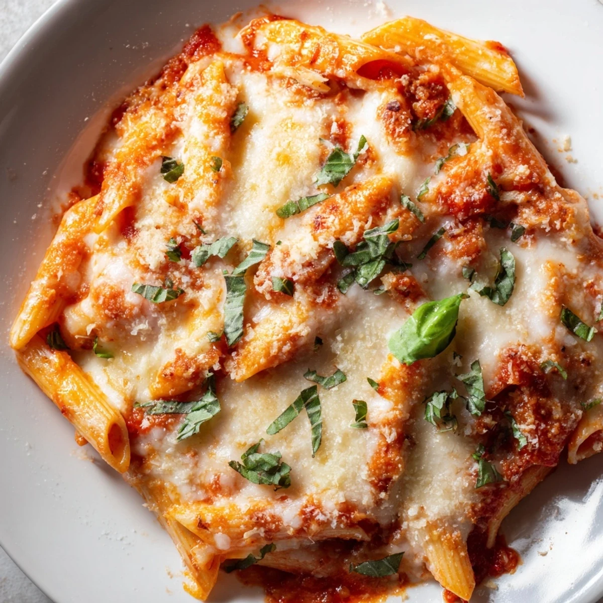 A close-up of a steaming bowl of Baked Penne Arrabbiata, showcasing the red sauce and cheesy top.
