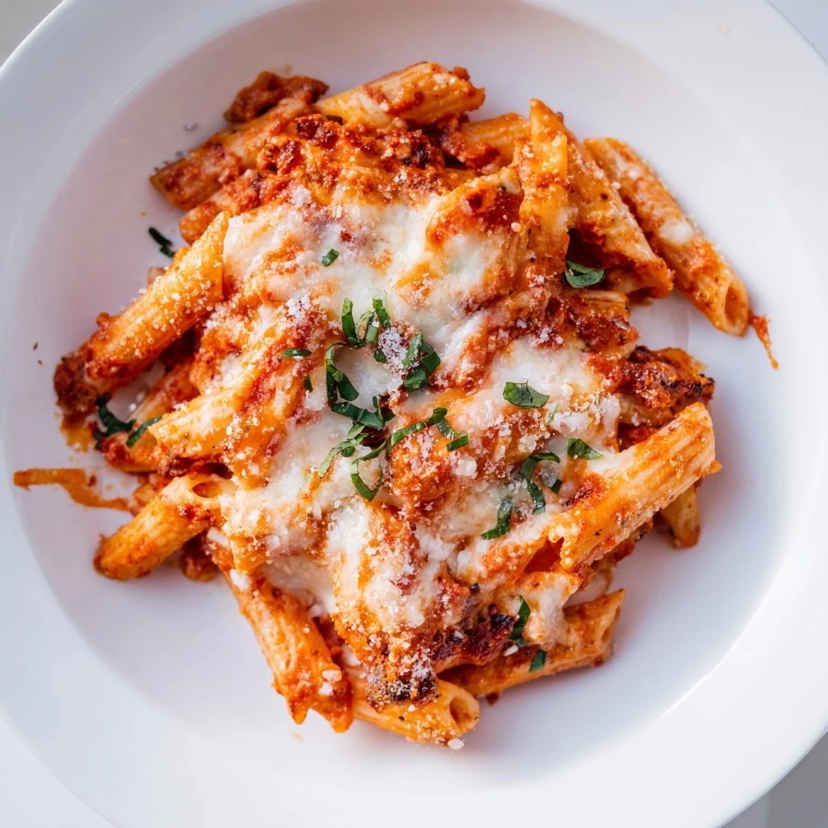 Golden, bubbling Baked Penne Arrabbiata, a spicy vegetarian pasta dish with melted cheese and fresh basil.