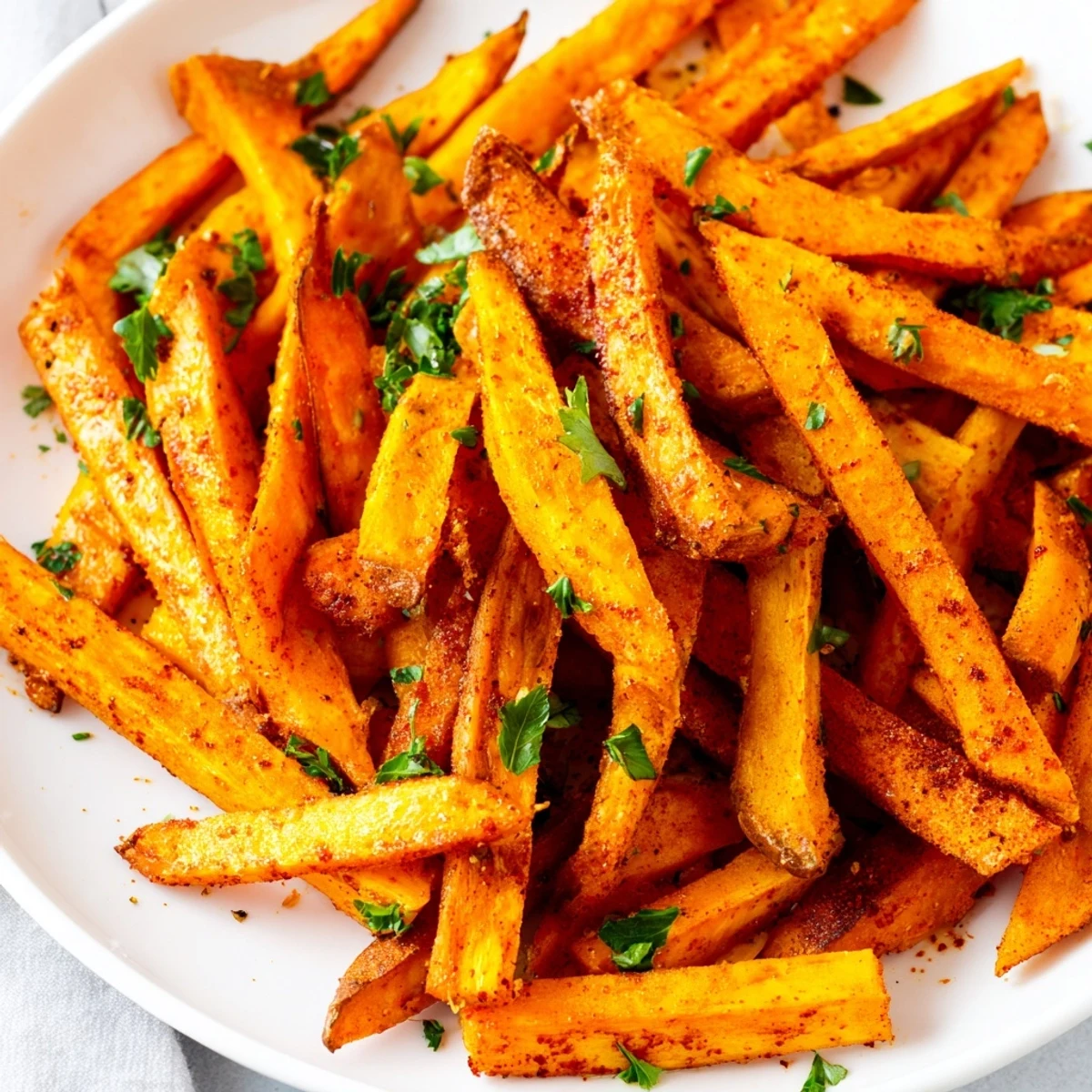 Freshly made Cajun spiced sweet potato fries with visible spices, a savory and healthy snack option.