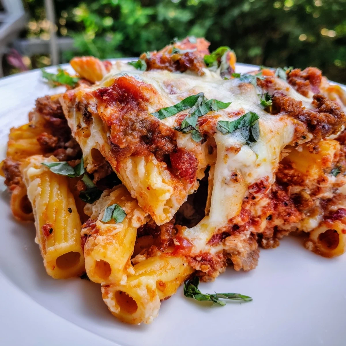 A close-up of cheesy baked ziti, showing delicious layers of pasta and creamy cheese.