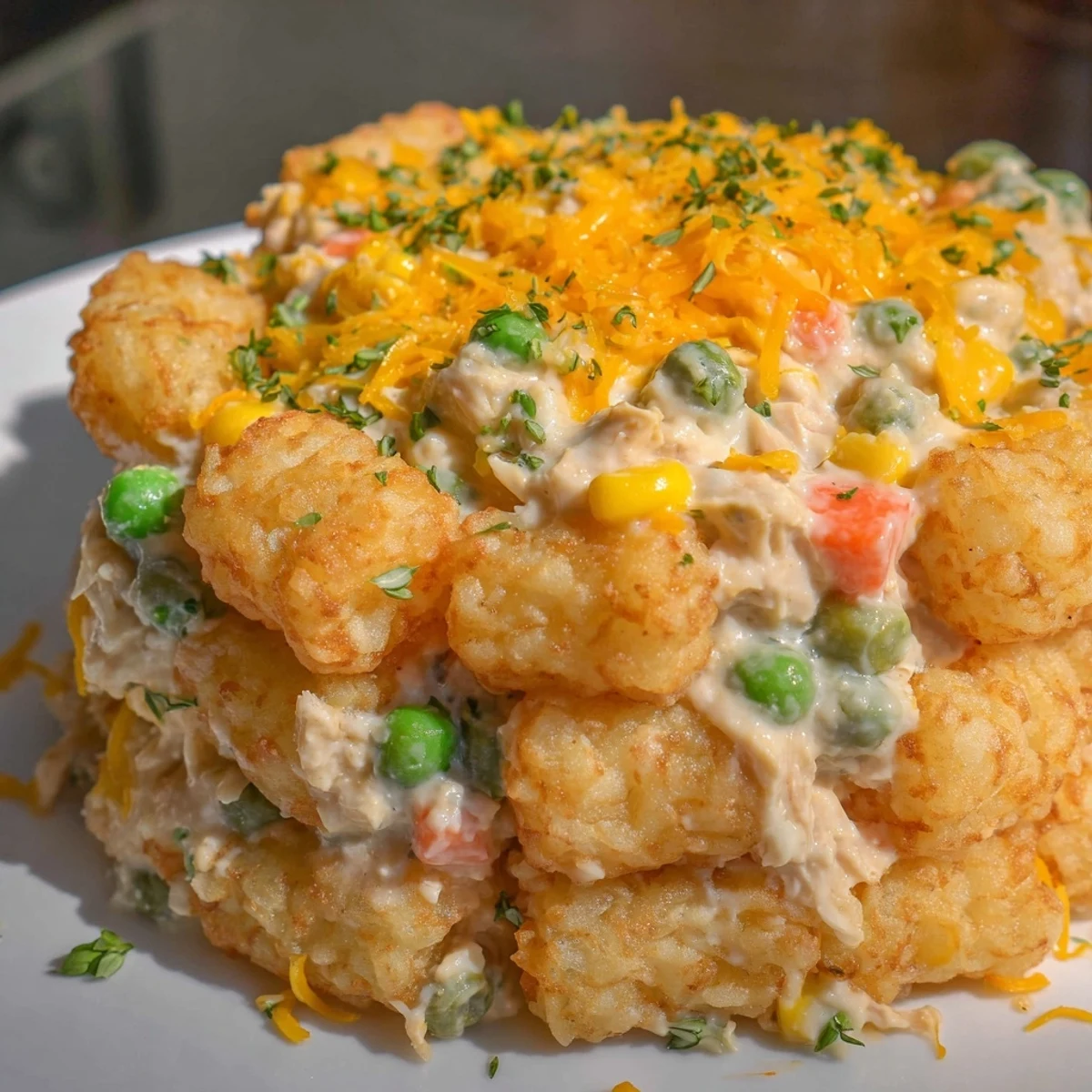 Golden, crispy tater tots crown a savory Crispy Tater Tot Casserole bursting with chicken and veggies.