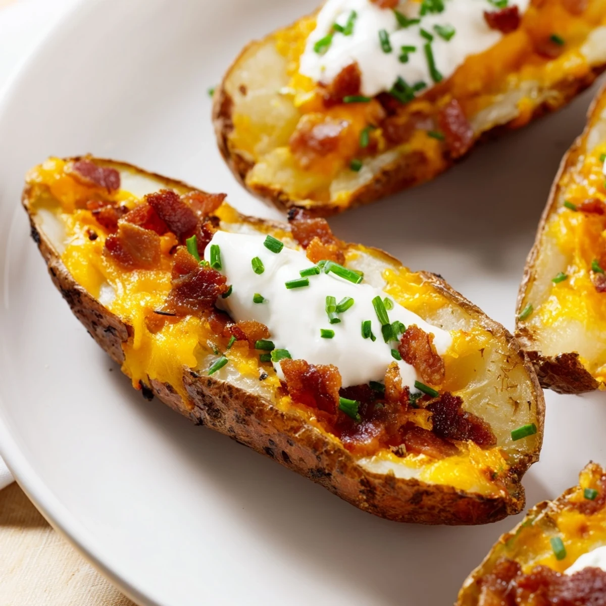 Golden, crispy Loaded Baked Potato Skins, generously filled with melted cheese, bacon, and sour cream.