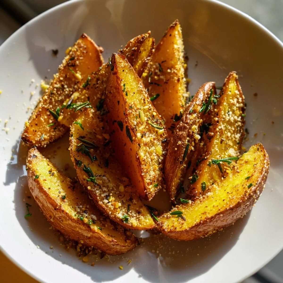 Tender Rosemary Parmesan Potato Wedges, golden brown and crispy, ready to be served hot.