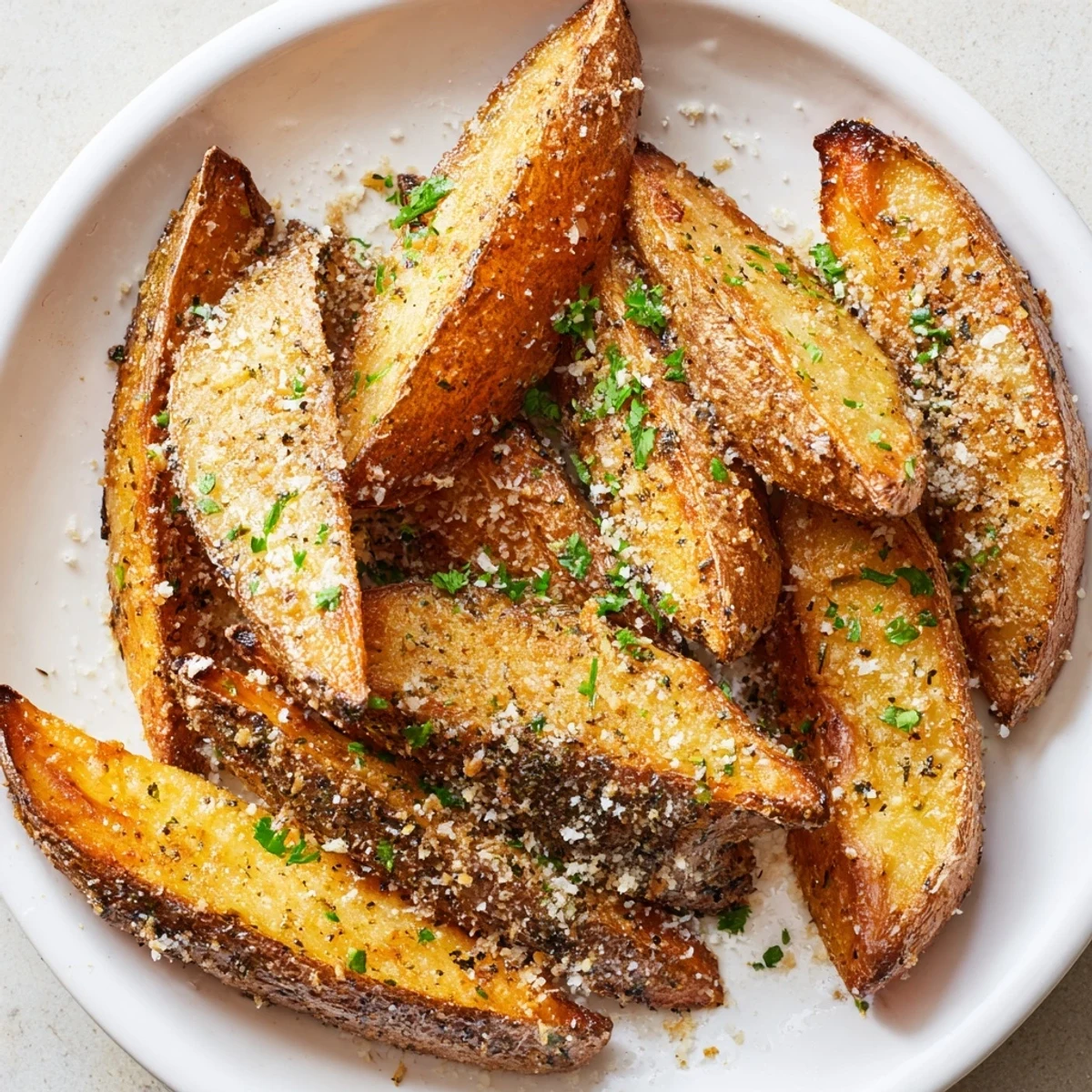 A close-up view of fresh-baked Rosemary Parmesan Potato Wedges, fragrant with rosemary and garlic.