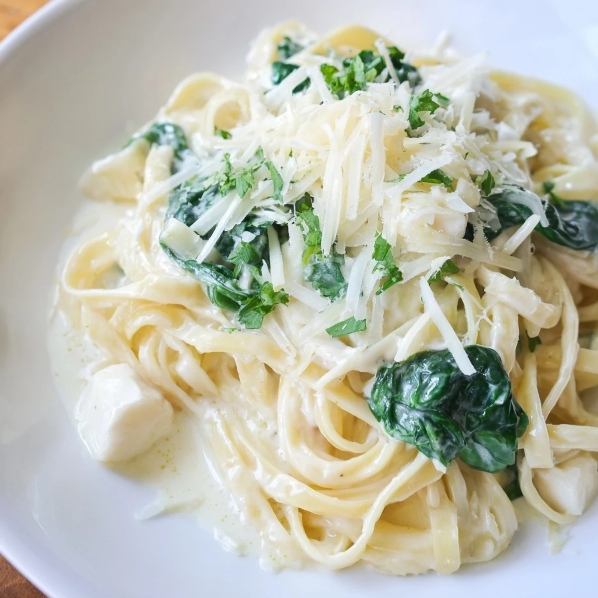 Tender fettuccine coated in creamy Alfredo sauce with spinach; enjoy this delicious vegetarian dish.